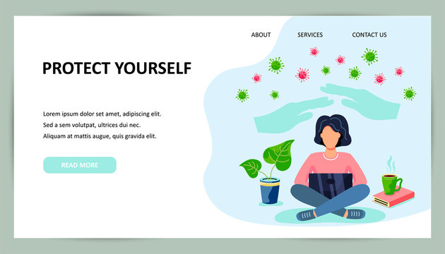 Protect yourself, healthy life concept. Female is sitting and working on laptop. Place for text. Flat cartoon style design. Vector illustration.