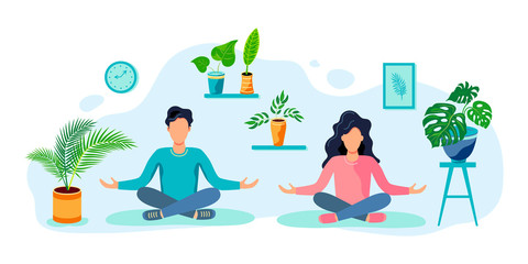 A woman and a man are sitting in a meditative pose at home. Home gardening, house plant concept. Flat cartoon style design vector illustration. © Natalia