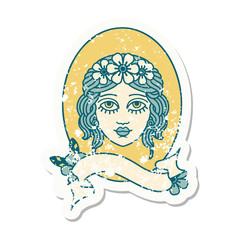 grunge sticker with banner of a maiden