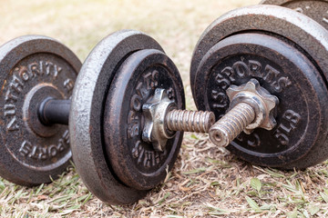 Closeup of a pair of dumbbells on dry grass outside. Concept - hardcore outdoor workout. Shallow...