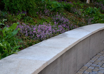 concrete retaining wall with stone collar builds on purple flowers in flowerbed architectural detail