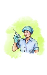 a nurse in a medical coat holds a syringe