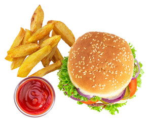 Big  burger with french fries isolated on white background. Top view