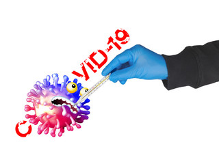 A man wears glove measuring temperature Corona virus or Covid-19, cause high fever