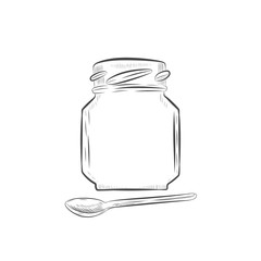 Glass jar and spoon vector sketch. Outline jar and spoon hand drawn illustration isolated on white background.