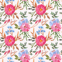 Beautiful blue pink floral watercolor seamless pattern