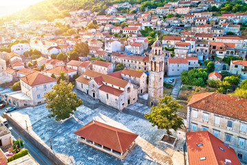 Blato on Korcula island historic town stone square and church aerial view