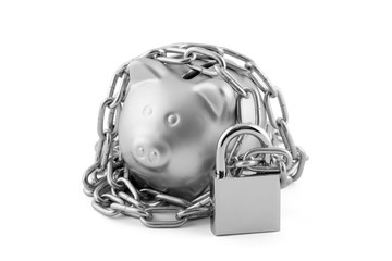 Silver piggy bank secured with padlock isolated on white with clipping path