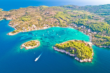 Obraz premium Aerial view of Gradina bay sailing cove on island Korcula