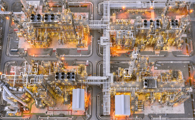 Panorama aerial view of oil and gas refinery industrial - Refinery plant industry at twilight.
