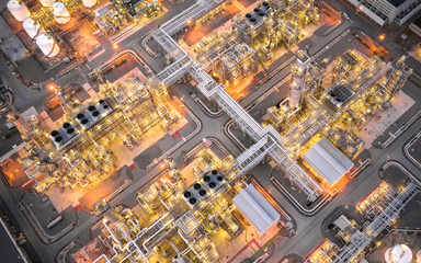 Panorama aerial view of oil and gas refinery industrial - Refinery plant industry at twilight.