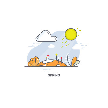 Linear spring landscape. Seasons illustration or logo