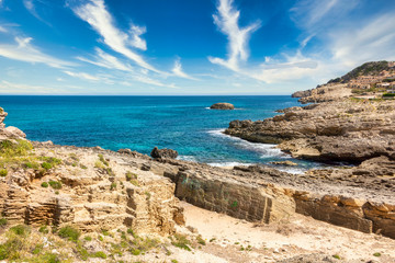Beautiful view of the Mediterranean Sea with the rocky coast on the Spanish Balearic island...