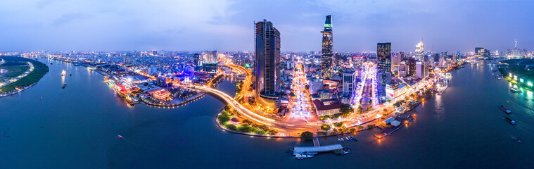 Top view aerial photo from flying drone of a Ho Chi Minh City with development buildings,...