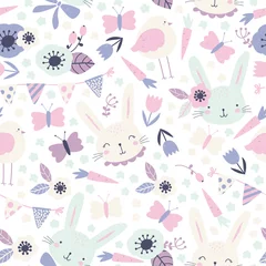 Meubelstickers Vector seamless easter pattern with flowers, decorated eggs and cute animals - rabbits and birds © Inna