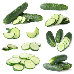 Set with sliced cucumbers on white background