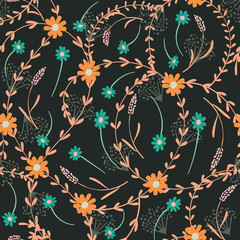 Obraz premium Vector seamless pattern with leaves and flowers on dark background. Floral illustration for textile, print, wallpapers, wrapping.