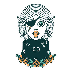 elf rogue character with natural twenty dice roll illustration