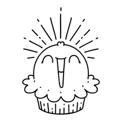 traditional black line work tattoo style happy singing cupcake