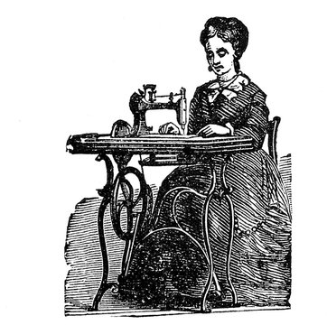 Woman at sewing machine illustration, 1800s line art drawing, black and white.