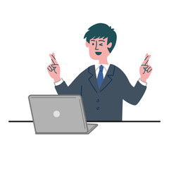 スーツ　男性　パソコン　幸運を祈る　クロスフィンガー