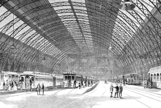 Grand Central Depot New York interior platforms with trains, 1872 illustration line art railroad station