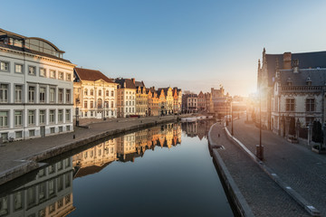 Fototapeta na wymiar Gent, Belgium - April 9, 2020: View of the Graslei en Korenlei at sunrise, one of the most visited places in Ghent.