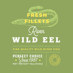 Fresh Fillets Premium Quality Label . Abstract Vector Fish Packaging Design Layout. Retro Typography with Borders and Hand Drawn Eel Silhouette Background