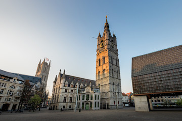 Ghent, Belgium - April 9, 2020: The 91 meter tall Belfry of Ghent. The tallest belfry in Belgium.
