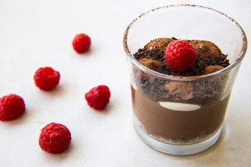 Chocolate moose with raspberry in the cup