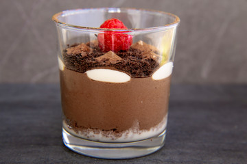 Chocolate moose with raspberry in the cup
