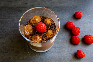 Chocolate moose with raspberry in the cup