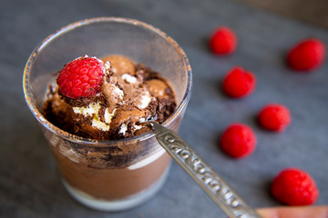 Chocolate moose with raspberry in the cup