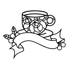 black linework tattoo with banner of a cup and flowers