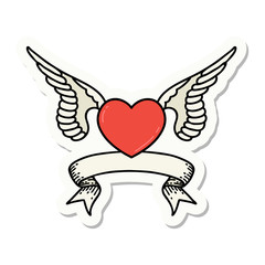 tattoo sticker with banner of a heart with wings