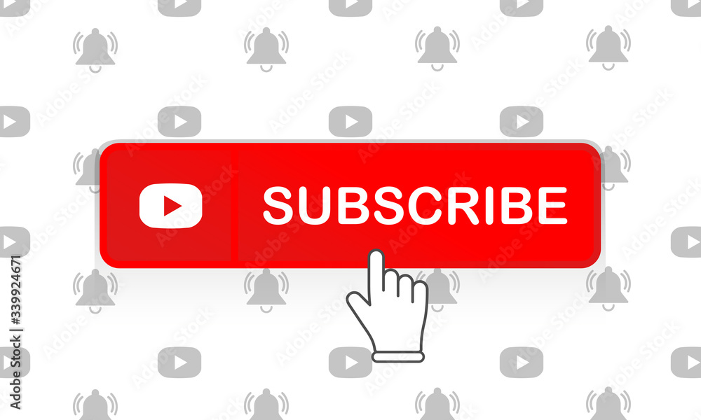 Poster red subscribe button with mouse pointer and notification bell and media player icon flat in modern c