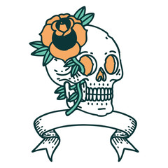 tattoo with banner of a skull and rose