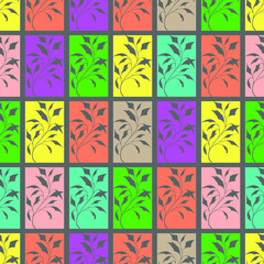 Branch shapes on the bckgrounds of colorful tiles: 
 floral seamless pattern, bright wallpaper and textile design. Vector graphics.