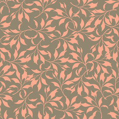 Fototapeta premium Pink leaves on beige background: floral seamless pattern, tender wallpaper and textile design. Vector graphics.