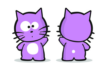 Pink cute kitten front & back character. Vector illustration on white background