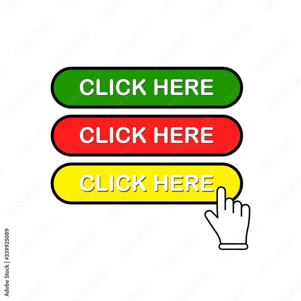 Poster click here button in red, green and yellow with mouse pointer, hand clicks or hand cursor icon flat 