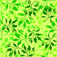 Green and light-green leaves on yellow background: floral seamless pattern, tender wallpaper and textile design. Vector graphics.
