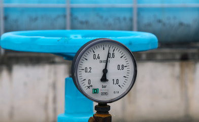 Industry. Instrument for measuring air supply pressure. Close-up.