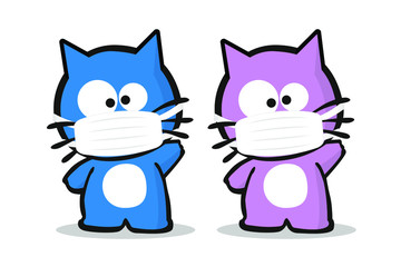 Female and male kitten characters with medical mask. Vector illustration on white background