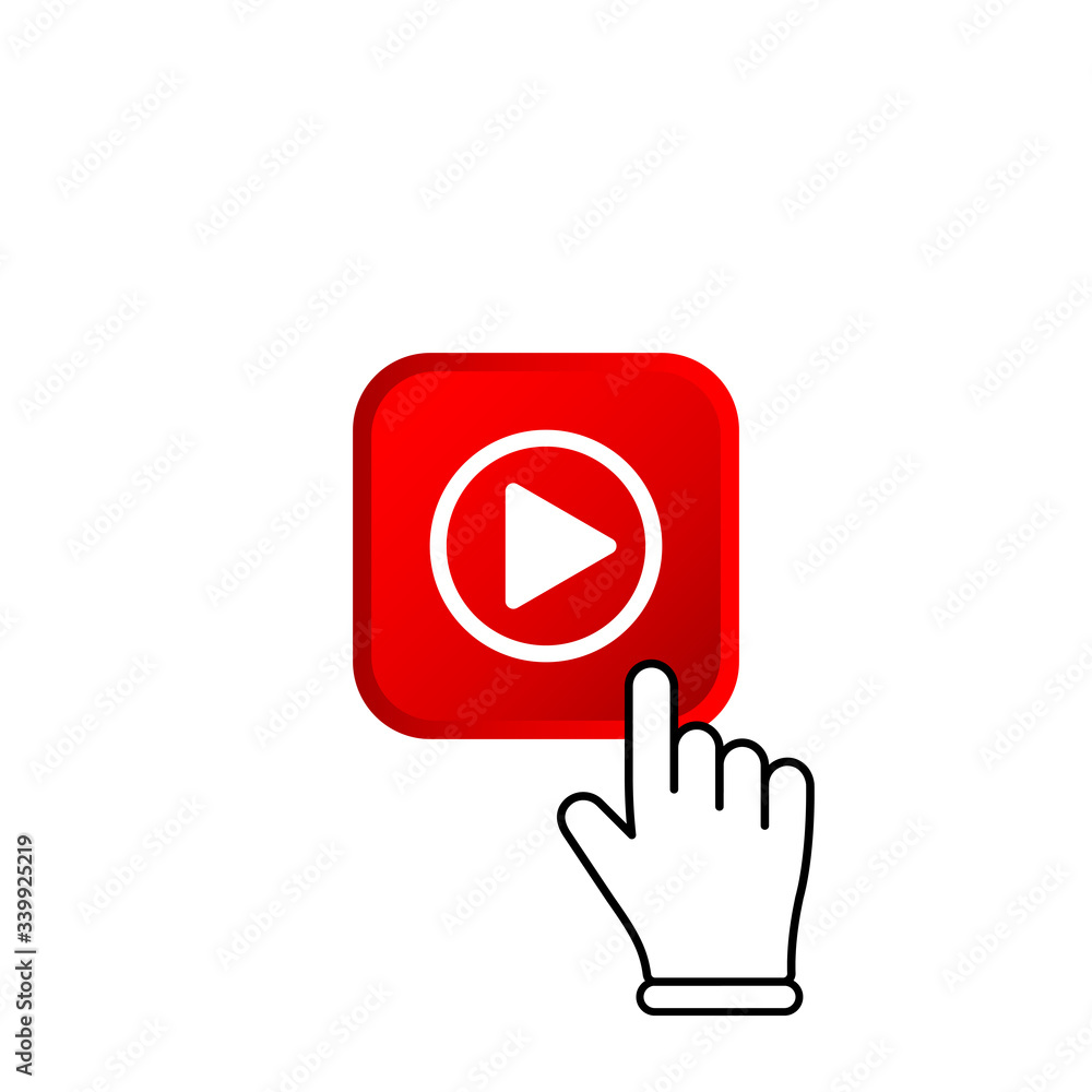 Poster red subscribe button with mouse pointer and media player icon flat in modern colour design concept o