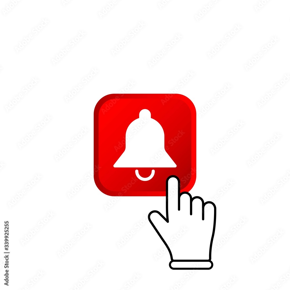 Poster red subscribe button with mouse pointer and notification bell icon flat in modern colour design conc