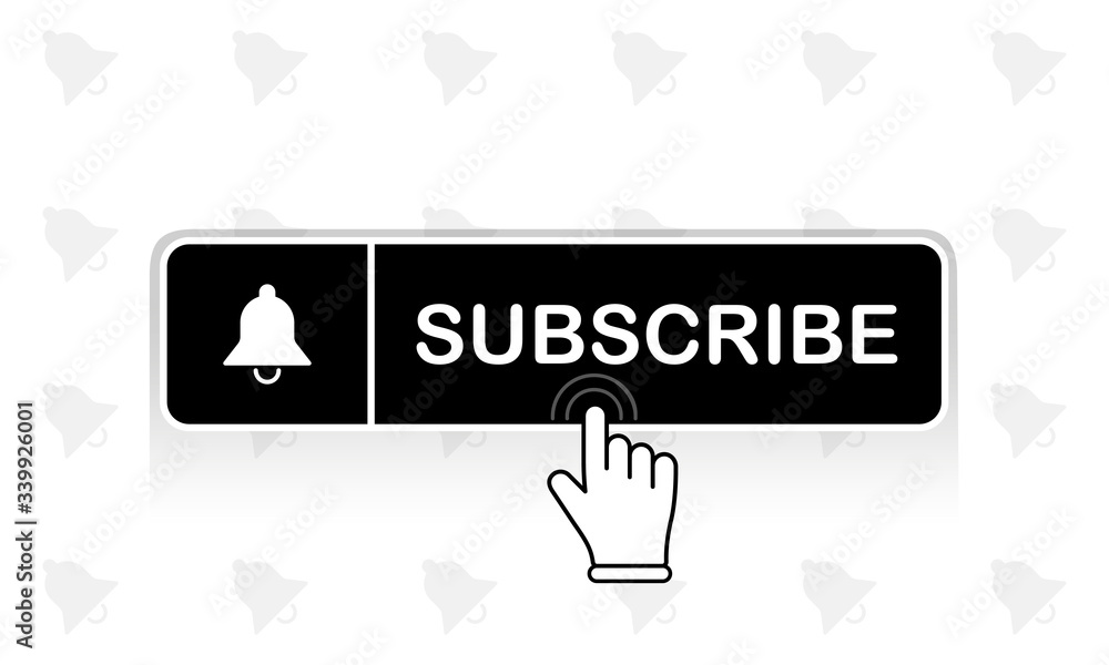 Poster black subscribe button with mouse pointer and notification bell icon flat in modern colour design co