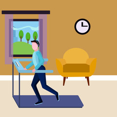 The guy runs on a treadmill in the apartment and listens to music in wireless headphones. Vector illustration showing sports activities at home during isolation