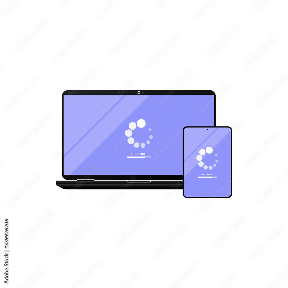 Poster laptop and tablet update icon. laptop software update. downloading data concept simple design on iso