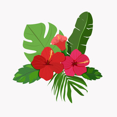 Bright and juicy tropical flowers and leaves. Simple flat illustration for your unique design.